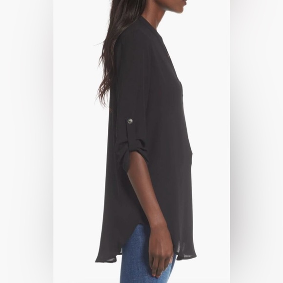 Lush Black Roll Tab Sleeve Henley Tunic Blouse Size Medium - Picture 4 of 8
